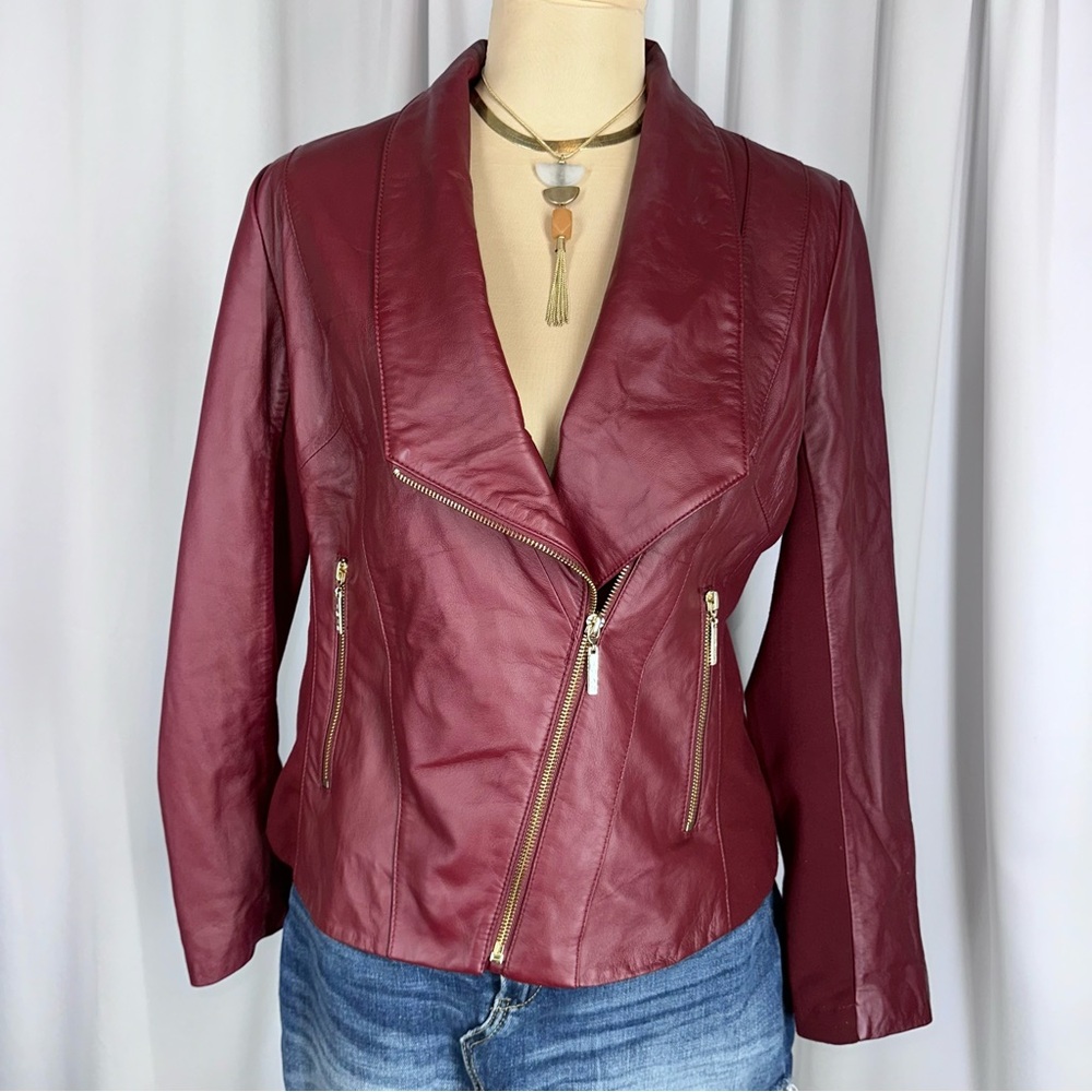 Iman Burgundy Lambskin Leather & Knit Biker Jacket Sz S Zip Roll Collar Moto